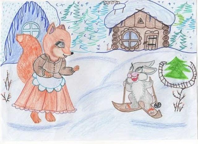 Рисование по сказке лиса и заяц. Заюшкина избушка лиса. Лиса и заяц избушка Ледяная и избушка Лубяная. Лиса в Лубяной избушке. Рисование лиса и заяц.