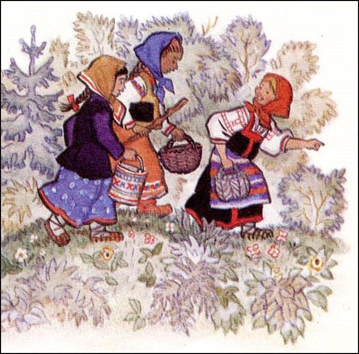Песня как пошли наши подружки. Иллюстрации к сказкам. Иллюстрации к русским народным сказкам. Иллюстрации к сказке Маша и медведь. Подружки собирали в лесу ягоды.