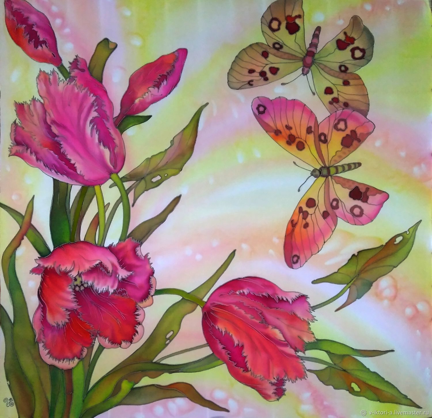 Батик с цветами и бабочками