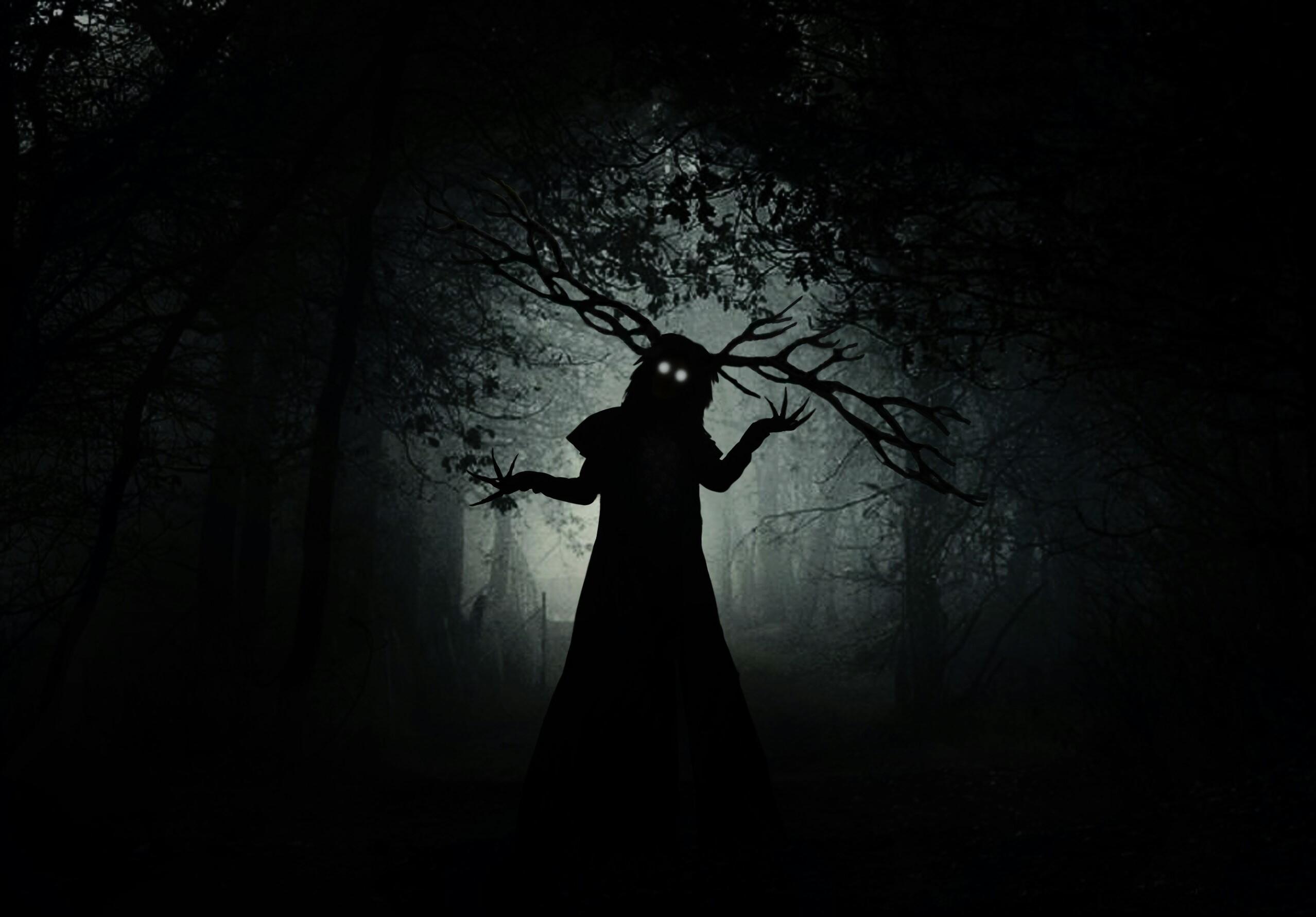 Ночные хорроры. Темный силуэт в лесу. Темный лес с призраками. Черный силуэт в лесу. Лесная ведьма страшная.